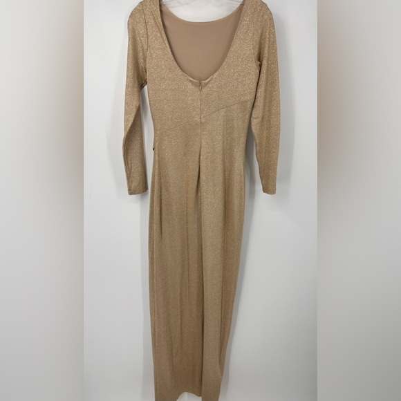 Ralph Lauren Gold Shimmer Metallic Gown Long Sleeves Slit Ruching Size 2 | G430 - Picture 10 of 11
